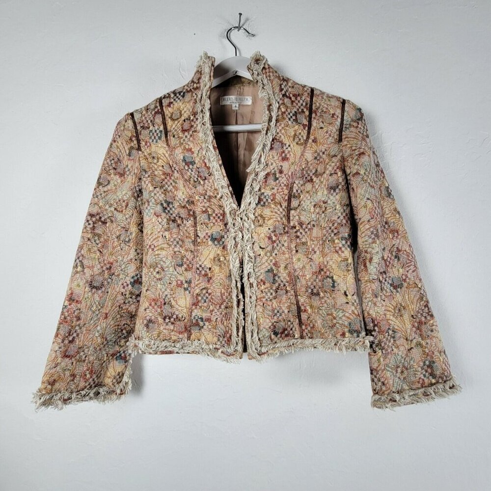 Allan Waller Women's Floral Print Fringe Accent Casual Open-Front Blazer Beige 4